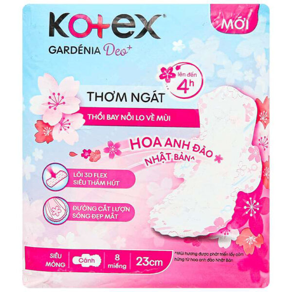 Băng Vệ Sinh Kotex Gardenia Deo+ Siêu Mỏng Cánh 23cm Gói 8 Miếng