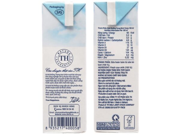 Sữa tươi tiệt trùng nguyên chất không đường TH true MILK hộp 180ml